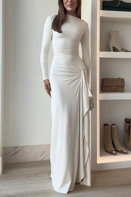 Blanc - Long Sleeves Draped Slit Maxi Party Dress