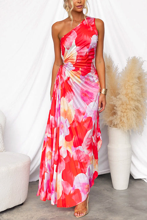 Margovil| One-Shoulder Maxikleid mit Falten und Print