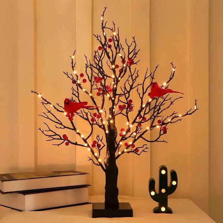 Kabelloser LED-Waldbaum mit Kardinalvögeln