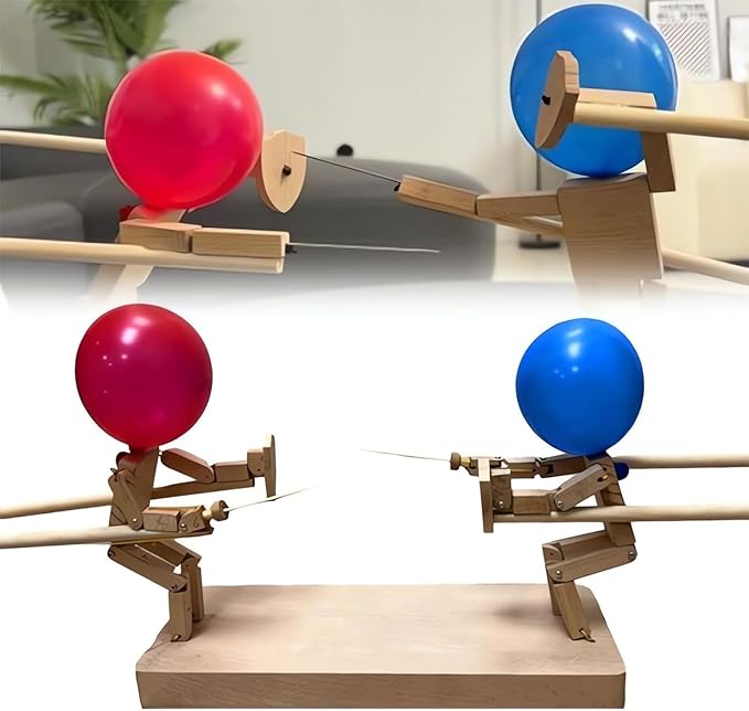 Holz-Kämpferpuppen mit Luftballonköpfen – Partyspiel für zwei