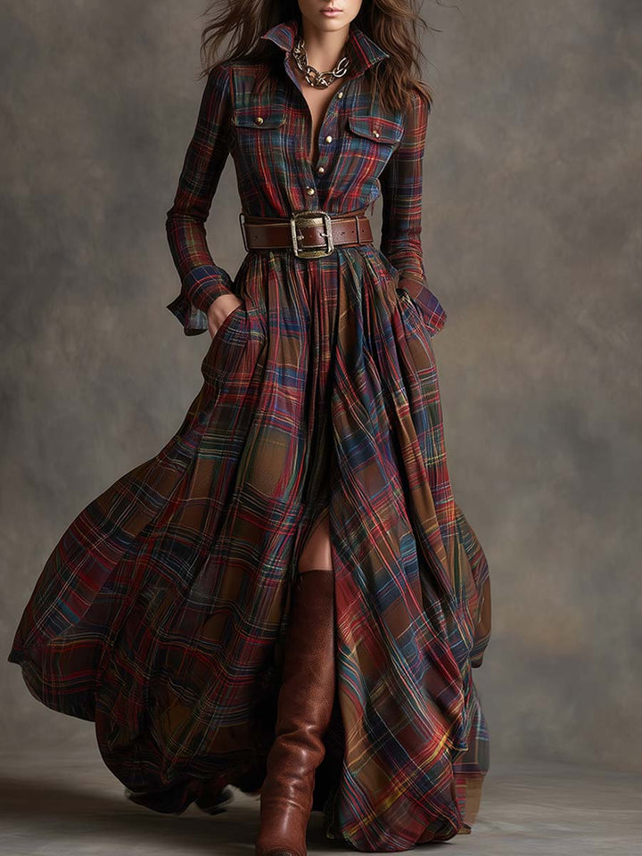 Retro-Karo-Maxikleid Hemdblusenstil
