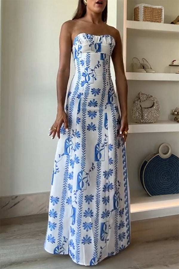Freya| Leinenmischung Maxikleid mit Rüschenausschnitt