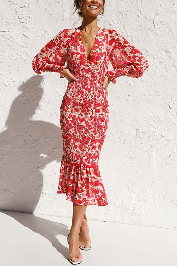 Rowena| Florales Bischofärmel Midi-Kleid