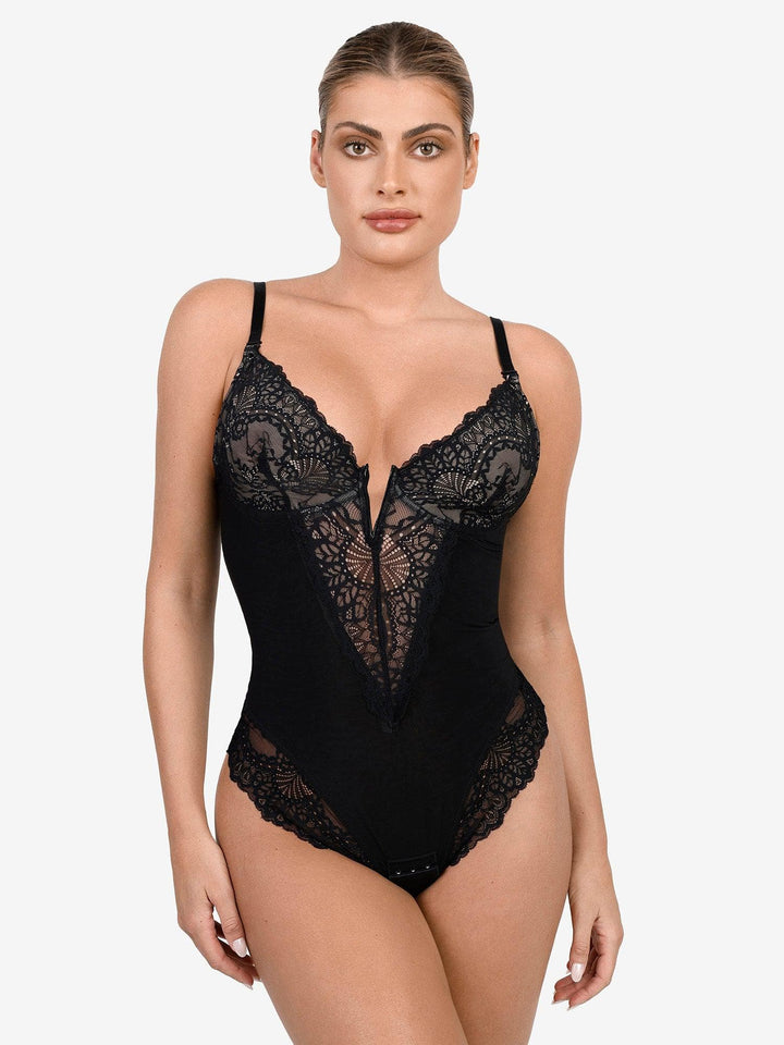 Damen Spitzen-Body tiefer V-Ausschnitt