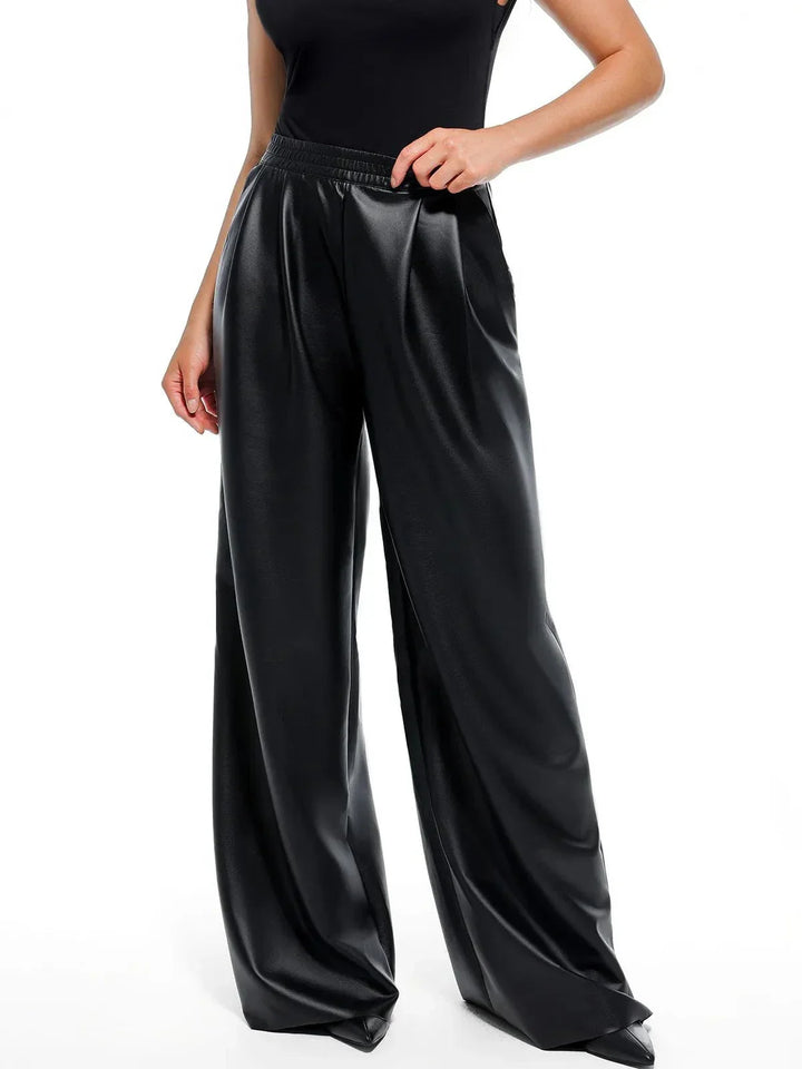 Damen Hose Kunstleder hohe Taille weites Bein