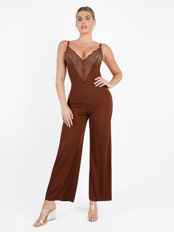Damen Spitzen-Jumpsuit tiefer V-Ausschnitt