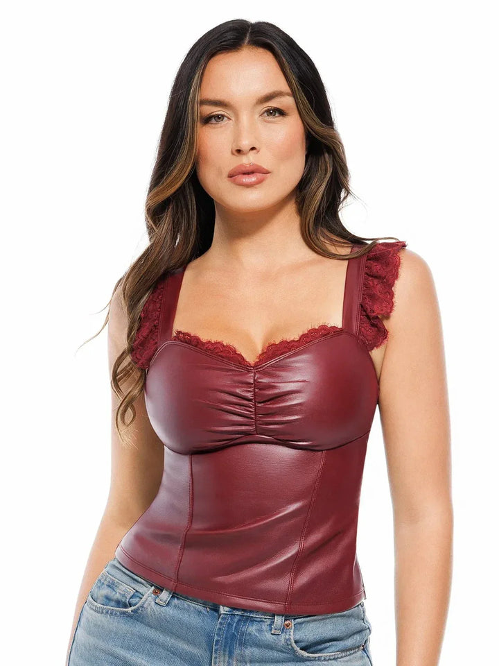 Damen Spaghetti-Top Kunstleder mit Spitzenbesatz