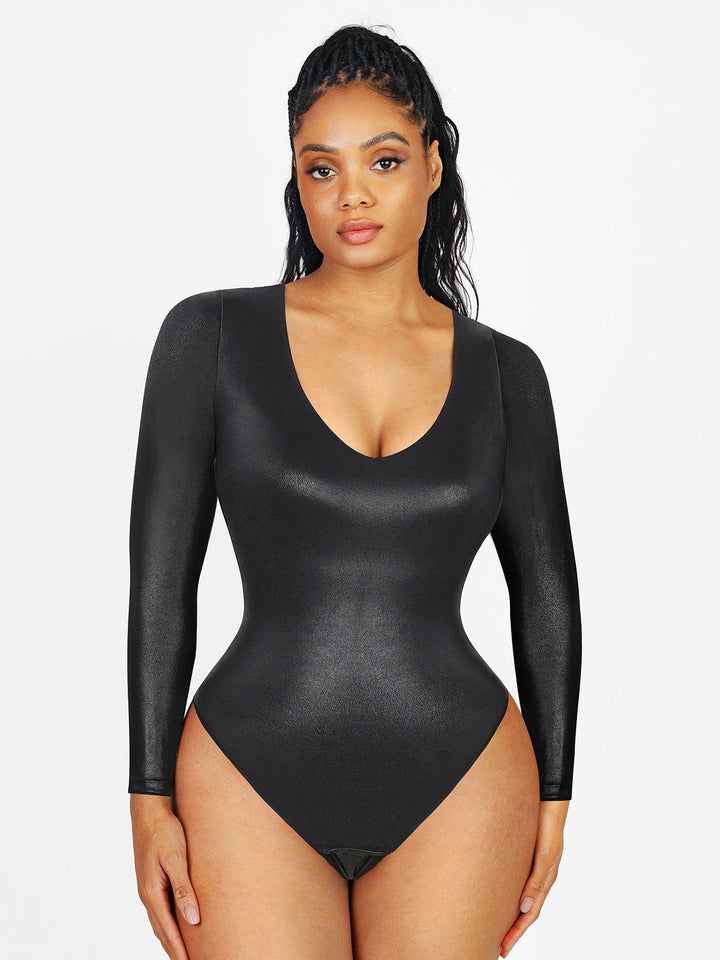 Damen Langarm-Body Kunstleder V-Ausschnitt Tanga