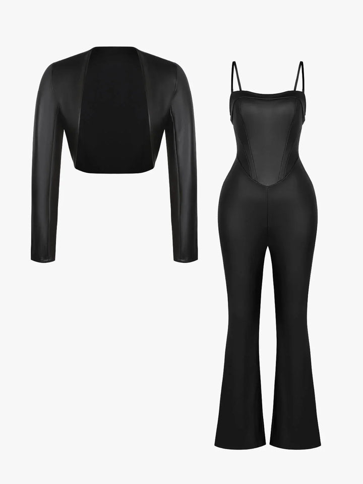 Damen Korsett-Jumpsuit-Set Kunstleder