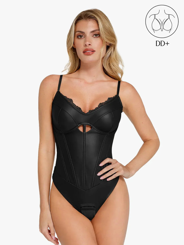 Damen Korsett-Body Kunstleder mit Spitze Cut-Out
