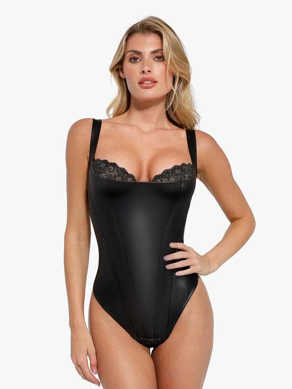 Damen Balconette-Body Kunstleder mit Spitze